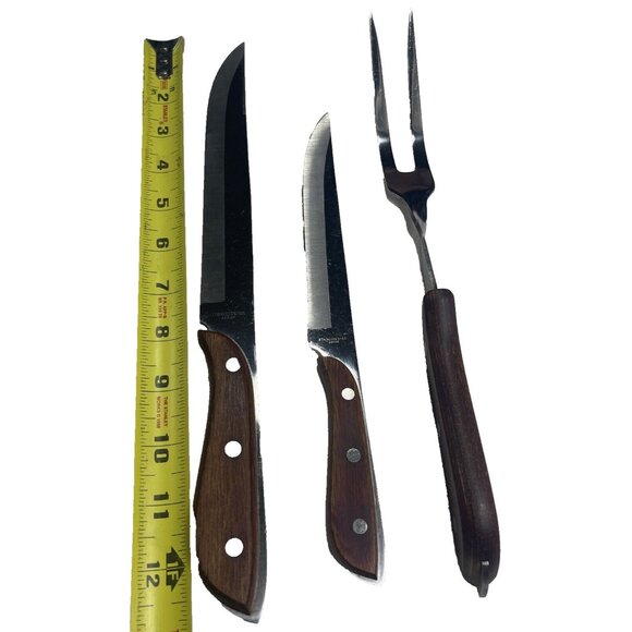 3 Vintage Stainless Steel Carving Meat Fork, 2 Knifes Brown Wooden Handles Japan - Picture 3 of 8